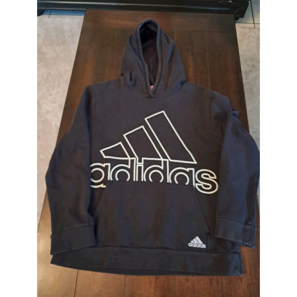 Youth Size L (14-16) Black ADIDAS'‎ Logo Hoodie Sweatshirt W/White Lettering EUC